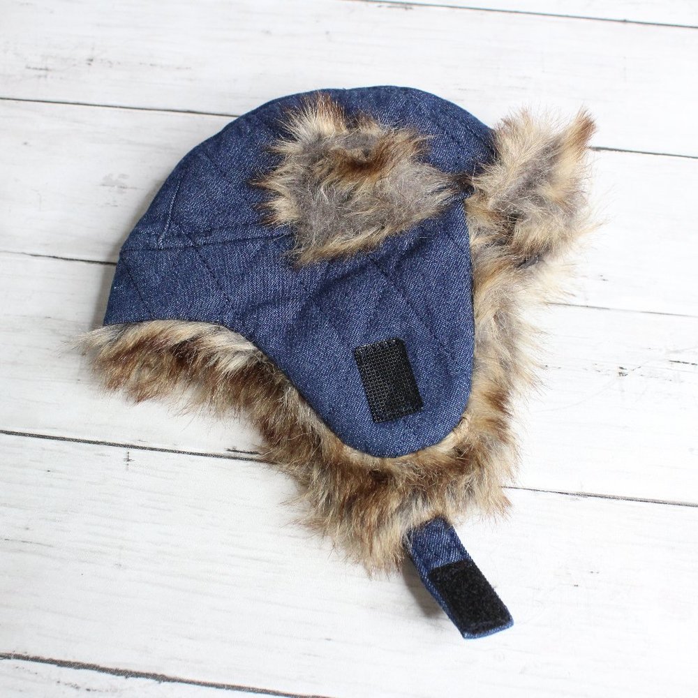 Toby Baby Boy s Trapper Hat Size 0-6 Months Denim Blue Jean Faux Fur